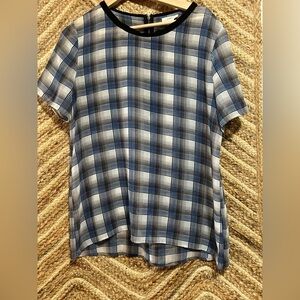 Caslon Women's Blue Plaid Sheer Short Sleeve Top,Black Lined Collar, Size M